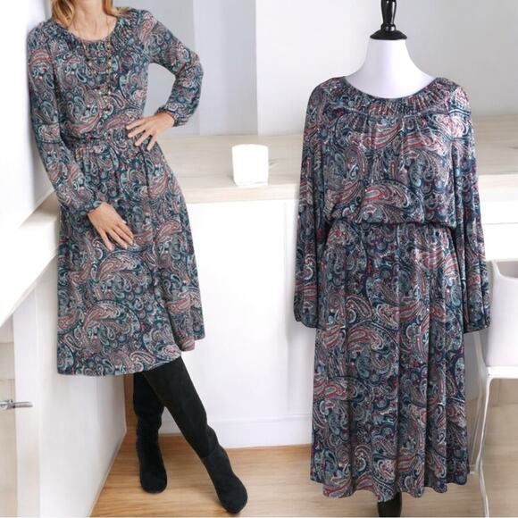 NWOT Talbots Bright Paisley Smocked Fit & Flare Dress Size Large Petite LP $169 - Picture 1 of 7